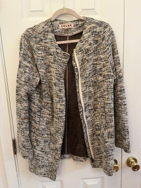 dolan Neutral Tweed Open-Front Blazer with Fringe Trim